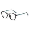 Retro black round full-frame glasses with light blue interior accents and clear lenses - Glossy Black