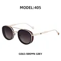Retro oval sunglasses with gold metal frame, side shields, and brown grey lenses - Tea Grey