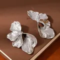 Minimalist oversized silver petal earrings with metallic mirror finish in organic shape - Silver Brushed Ginkgo Leaf Pleated Earrings (S2273-1)