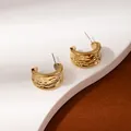 Golden C-shaped earrings with irregular lava texture and metallic hammered finish - Golden Lava Hammered C-Hoop Earrings (H2539-1)