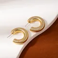 Polished gold C-shaped hoop earrings with textured spiral design for women - Golden Horizontal Ribbed C-Hoop Earrings (H2542-1)