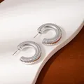 Silver C-shaped chunky hoop earrings with textured ripple design for a modern look - Silver Horizontal Ribbed C-Hoop Earrings (H2545-1)