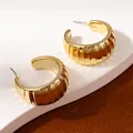 Minimalist gold-tone C-shape hoop earrings with vertical ribbed texture and metallic finish - Golden Wide Corduroy Vertical Pattern Earrings (H2547-1)