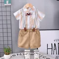 Boys summer outfit with striped short sleeve shirt, suspender shorts and bow tie set - 80 / Khaki