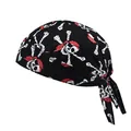 Detalle de pañuelo pirata transpirable con calaveras blancas y correas de amarre detrás - Patrón Calavera Negro Detalles Rojos