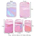 Holographic laser resealable bags showing front and back views with five size dimensions - 9*5.5cm / Holographic Pink