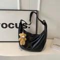 Fashionable black faux leather crescent hobo bag with a cute plush bear charm accessory - No Pendant / Black