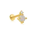 Close-up of gold s925 silver labret earring with round opal and sparkling zircon stone - Two-stone (1.2*6mm) / Gold