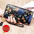 Women's black long leather wallet with colorful leaf embossing and wristlet strap - Gold Leaf