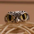 Vintage owl ring for men featuring detailed silver-toned feathers and yellow owl eyes - Yellow Vertical Eye Owl