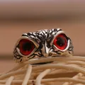 Vintage owl ring with detailed silver feathers and striking large red gemstone eyes - Red Round Eye Owl