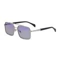 Silver metal square sunglasses for men featuring purple gradient lenses and double bridge design - Silver Frame Grey Blue