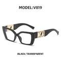 Fashionable black cat-eye square sunglasses with crystal V-shaped metal temple detail - Black Frame / Anti-blue Light Transparent Lens