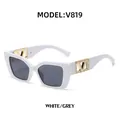 Square white frame sunglasses with grey lenses and gold crystal-set V-logo temples - Porcelain White Frame / Grey Lens