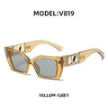 Chic yellow square sunglasses with cat-eye shape, grey lenses and diamond-set V metal temple - Transparent Yellow Frame / Grey Lens