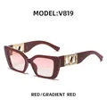 Square fashion sunglasses with deep red frame, gradient red lenses, and gold V detail - C6 Jujube Red