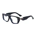 Fashionable square black frame sunglasses with blue accents and gold rivets on a white background - C9 Bright Black Gold Anti-blue Light