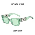 Fashionable rectangle mint green cat eye sunglasses with silver V-shaped crystal buckle - Transparent Green Frame / Green Lens