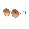 Schicke runde Halbrand-Sonnenbrille mit Teeverlaufsgläsern und funkelnden Strasssteinen - Doppelbraun (Ohne Kette)