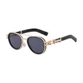 Retro oval pilot sunglasses featuring gold and black metal frame with dark grey lenses - Gold Grey