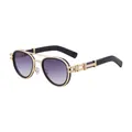 Retro oval sunglasses with gold-tone metal frame and purple gradient lenses for men - C3 Gold Double Gray
