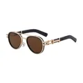 Retro punk sunglasses with gold metal frame, brown lenses, and mechanical detail - C4 Gold Brown