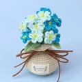 Handmade crochet blue lily flower in white pot with brown leather bow ornament - Gradient Blue-Forget-Me-Not Potted (Small Yarn Vase)