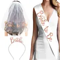 Bride to be party set with rose gold metal headband, white veil and satin sash kit - Headband Sash Veil Set (White with Champagne Text) / White