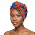 Ethnic turban hat featuring orange and blue paisley print with a 3D rose flower knot - One Size / Paisley Royal Blue and Orange