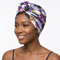 Purple turban hat with golden chain and gemstone print in soft stretch fabric - One Size / Jewelry Chain Purple