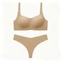 Seamless nude wireless bra and thong set with soft stretch fabric for invisible support - S / Deep Skin