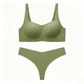 Detail view of seamless olive green lingerie set with wireless bra and thong - S / Green