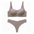 Detail view of seamless wire-free lingerie set with soft cup bra and thong in mauve - Gray Purple