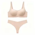 Seamless beige lingerie set with wire-free bra and thong in soft high-elastic fabric - S / Beige