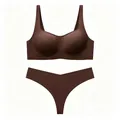 Detail of dark brown seamless wireless bra and thong set in high elastic microfiber - Brown