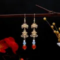 New Chinese style drop earrings with gold floral carving and colorful tricolor beads - Gold Hollow Blue Red Beaded(E2765-4)