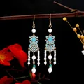 Blue enamel butterfly pearl tassel earrings in Chinese style with golden finish - Blue Lucky Knot Water Drop Tassel(E6422)