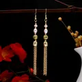 Pink pearl and cloisonne bead tassel earrings with long gold chains in Chinese style - E1793-1/Chinese Tassel Pearl Cloisonne