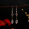 Traditional Chinese style drop earrings with red agate beads and pink water drop pendants - E1275-8/Chinese Retro Long Hook
