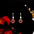 Golden butterfly pearl earrings with strawberry crystal drop in oriental style - E1616-6/Gold Hook Red Pink Ring