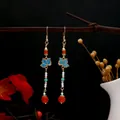 New Chinese style pearl tassel earrings with blue butterfly and red bead accents - E3045-5/Chinese Retro Butterfly Tassel