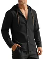 Premium men's casual black long sleeve hooded cotton shirt for a loose beach style look - Black