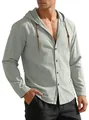 Men's casual long sleeve hooded shirt in light grey green cotton linen with buttons - Gray