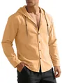 Men's casual long sleeve hooded shirt in yellow cotton fabric for a loose fit beach style - Coffee