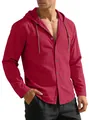 Men's casual long sleeve hooded cotton shirt in deep red with drawstring and buttons - Burgundy