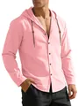 Men's casual pink long sleeve hooded shirt in breathable cotton fabric with drawstrings - Pink