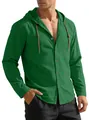 Men's casual green hooded long sleeve cotton shirt with button details for beach. - Dark Green