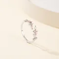 Adjustable silver leaf ring with pink zircon stones for a sweet minimalist look - Silver with Pink Stone