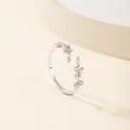 Silver leaf ring with pink zircon stones in a flexible open adjustable design - Silver with Pink and White Stone