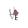 Macro detail of LOVE pendant with pink heart-shaped gemstone and crystal inlays - Platinum